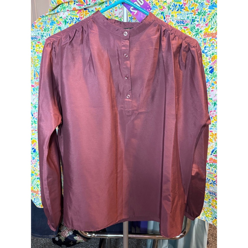 082 Breckenridge Women Plum Band Collar Button Front Long Sleeve Blouse Size 12